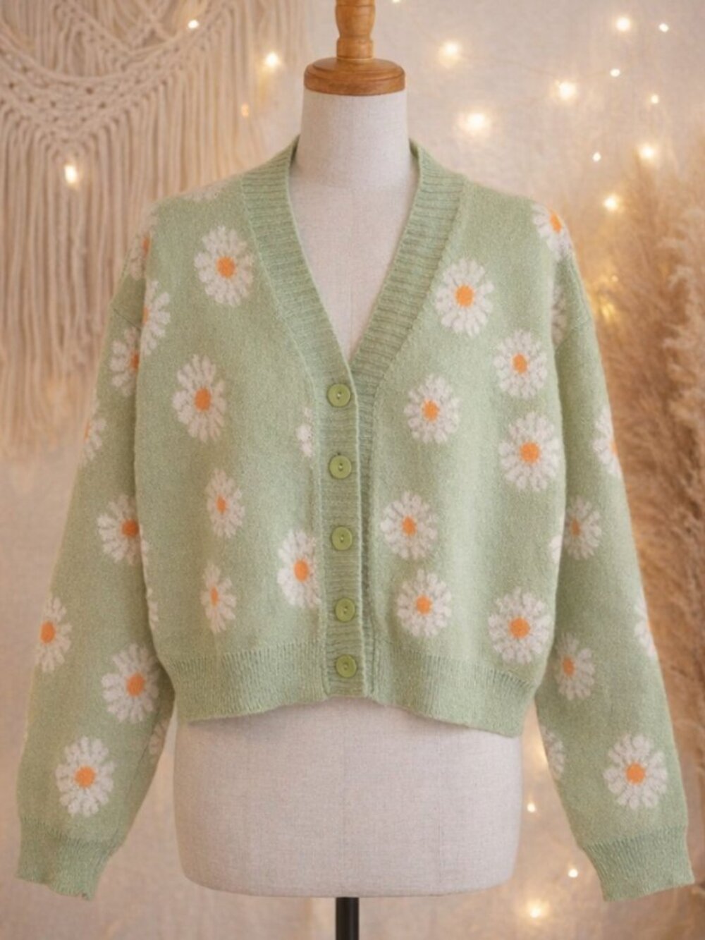 Green Daisy Cropped Knit Cardigan Sweater L Cottagecore Coquette Y2K Soft Girl